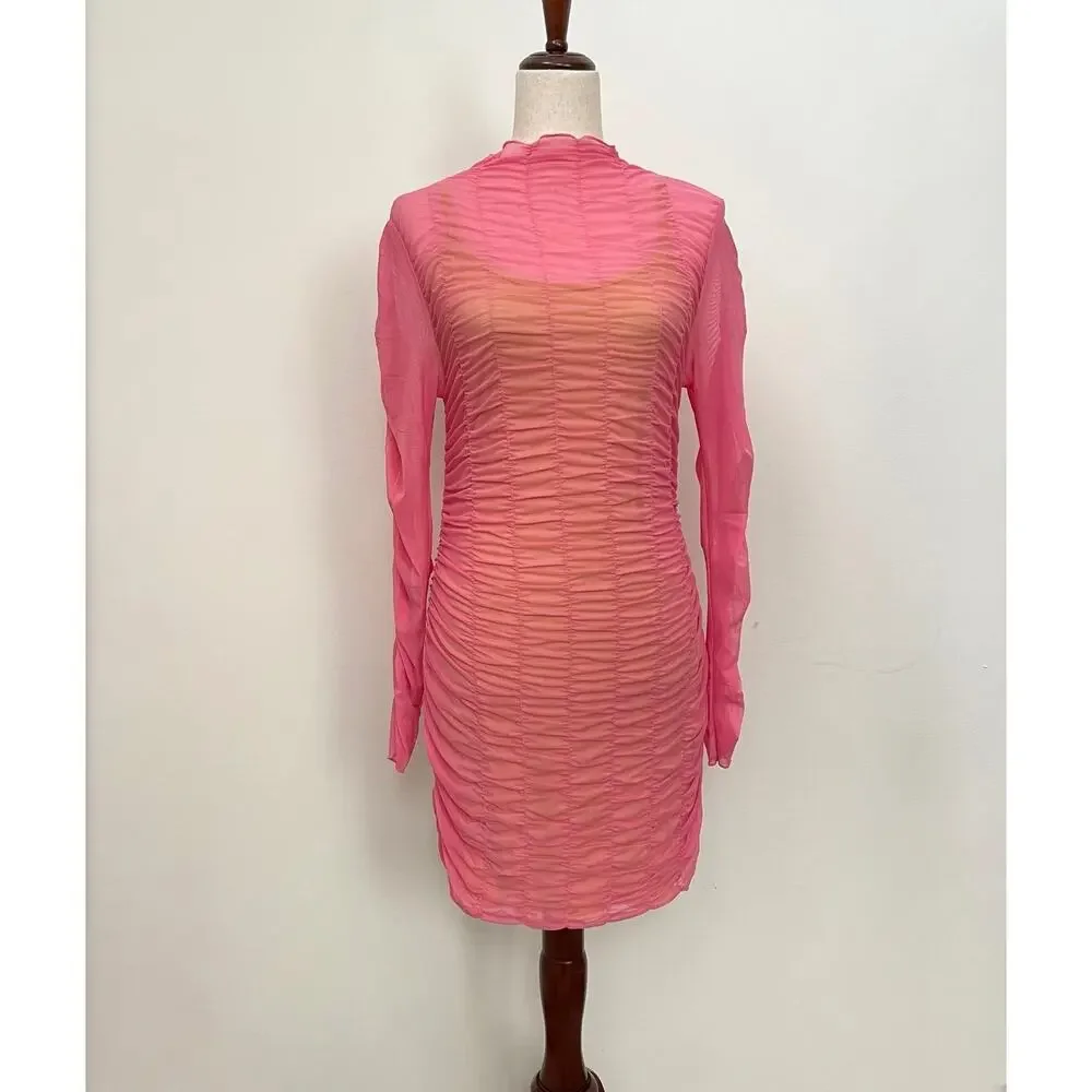 TOPSHOP Dress Size M 8/10 Hot Pink Sheer Layered Mesh Mini Ruched Long Sleeve